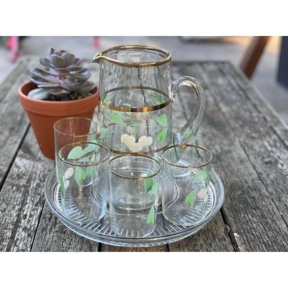 Vintage Handblown Glass Serving Set Jug & 6 Glass Hand Painted with Tray Gold Ri - Picture 6 of 10